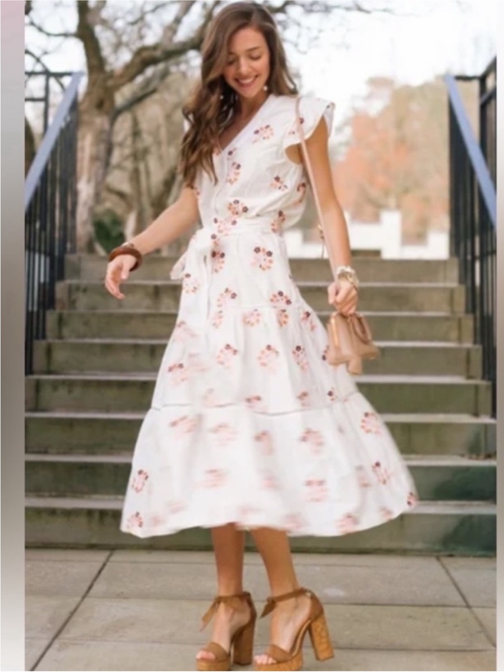 Pearl by Lela Rose Embroidered Ivory Floral Midi Dress with Ruffle Sleeve Sz XS